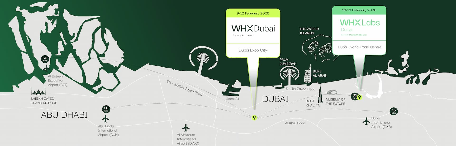 Map indicating the locations of WHX Dubai and WHX Dubai Labs